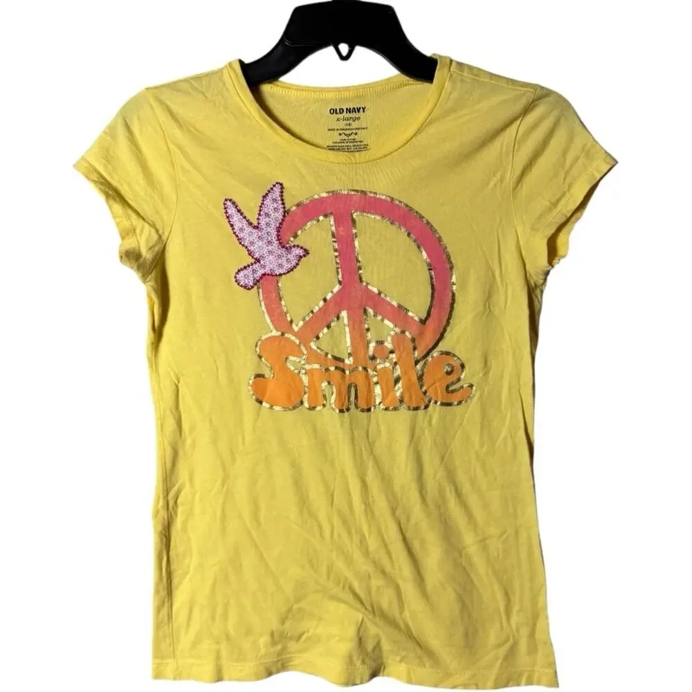 Old Navy Girl's Yellow Tee with Peace and Smile Graphic Sz XL